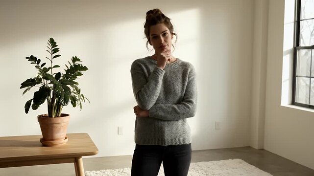 Thoughtful Woman in Minimalist Room with ZZ Plant