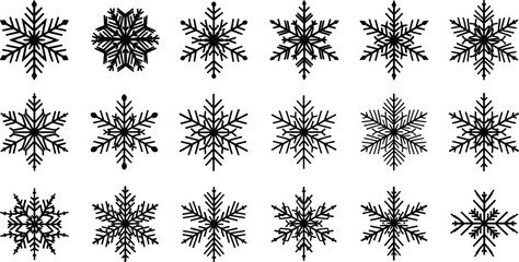 Black snowflake icons, winter vector set, symmetrical ice crystals, seasonal design elements, isolated shapes, holiday decoration, cold weather graphics