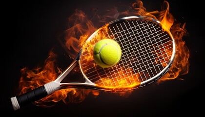 a tennis racket with a yellow ball on the strings surrounded by flames on a black background studio shot