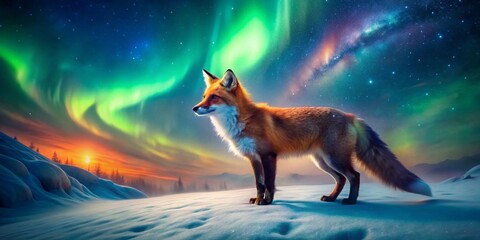 Majestic Red Fox Silhouetted Against a Vibrant Aurora Borealis Display in a Snowy Wilderness Landscape