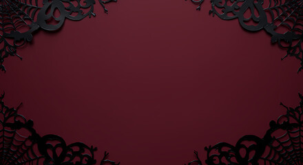 Spooky Halloween black decor frame with spiderwebs and bats on dark red background with copy space