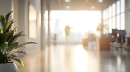 A blurred perspective of an empty office building, capturing a sense of solitude with soft bokeh lighting in the background.