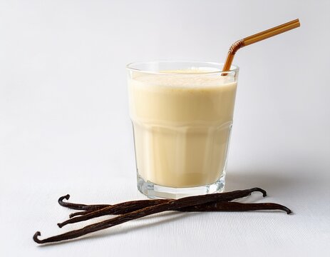 vanilla flavored protein shake in a clear glass with a straw and scattered vanilla beans on a white background vanilla