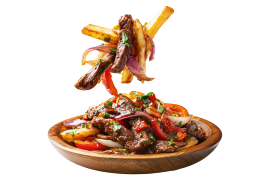 Traditional Peruvian lomo saltado with beef, red peppers, fries, and rice on wooden plate, isolated on white transparent background, South American Cuisine concept