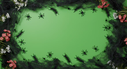 Spooky Halloween frame with black spiders, centipedes, and spiderwebs decorated with flowers on a vibrant green background, offering ample copy space for text
