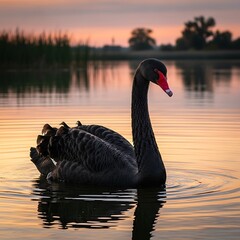 Black Swan on a Calm Lake at Sunset.