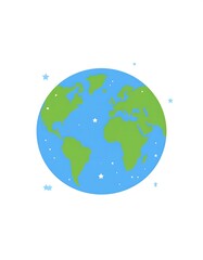 Fototapeta premium A colorful planet Earth illustration, displayed against a plain white background, depicts continents in various shades of green and blue, with scattered stars, showcasing a simple, yet effective...