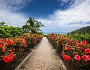 pathway lined with hibiscus flowers and palm trees leading into a tropical landscape view