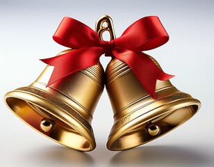 two golden bells tied together with a red ribbon bow