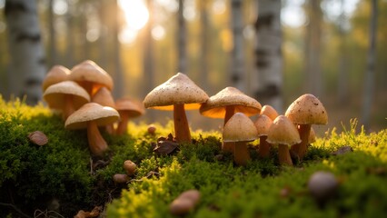 Group of mushrooms growing in autumn forest sunlight