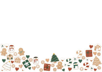 Christmas cookie pattern background, festive wallpaper with random arrangement from bottom to center