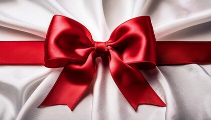 a large elegant red satin bow tied in the center of a white fabric