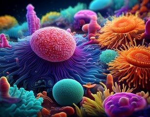 a vibrant microscopic world teeming with diverse bacterial and microbial life forms a colorful representation of unseen ecosystems