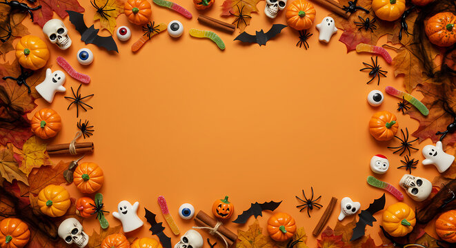 Festive Halloween holiday flat lay frame with spooky decorations, pumpkins, ghosts, spiders, bats, candy, and autumn leaves on a vibrant orange background with copy space.