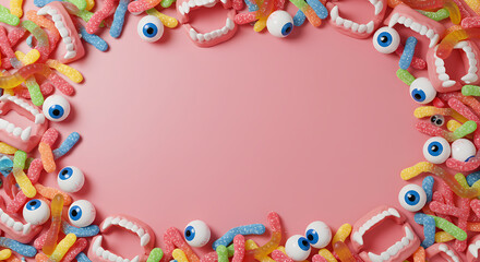 Playful Halloween Candy and Spooky Novelty Border on Pink Background with Copy Space