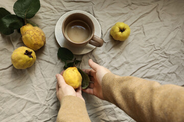 Fall still life. Woman holding yellow quince in hands. Cup of coffee on blurred crumpled fabric...