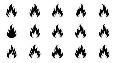 Set of stylized fire icons in black against a white background