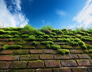 a brick wall overgrown with lush green moss and grass under a bright blue sky