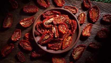 dramatic full frame scene of organically arranged sundried tomatoes on a weathered textured background with natural ambient illumination