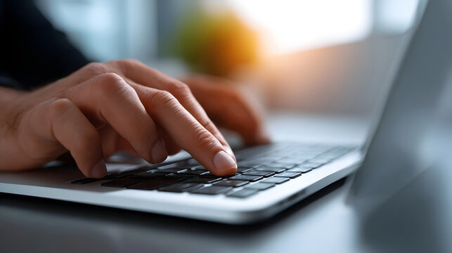 Close-up view of a person's hands typing on a laptop keyboard in a modern, organized office or study environment.