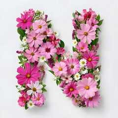 Beautiful Pink Gerbera Daisy Flowers and Green Leaves Create the Decorative Letter N Isolated on a Minimalist White Background for Elegant Design and Typography