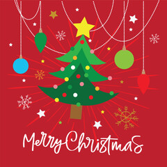 christmas tree ornament and snowflakes with merry christmas text and red background