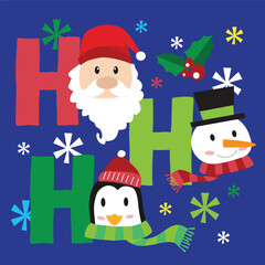 hohoho merry christmas santa claus saying with santa head, snowman and cute penguin