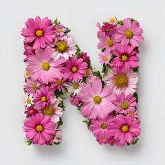 Capital Letter N made out of pink flowers and plants isolated on white background, Concept for Floral Alphabet and typography