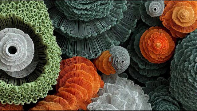 Abstract coral ruffle radial organic layered texture green orange gray intricate marine floral microstructure pattern with