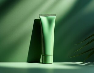 a green tube of lotion or cream stands alone in soft light casting a shadow on a pale green surface