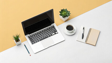 Laptop, notebook, coffee cup, pen, pencil, and flower pot on pastel background, minimal flat lay stationery workspace with modern office supplies for business, education, studying, and creative projec