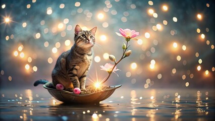 A tabby kitten serenely sits amidst a miniature garden, afloat on a leaf-shaped vessel, bathed in a soft, ethereal glow of warm lights.