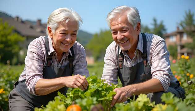 A happy elderly couple gardening together, tending to fresh vegetables in their lush garden on a sunny day, enjoying their time outdoors and the fruits of their labor