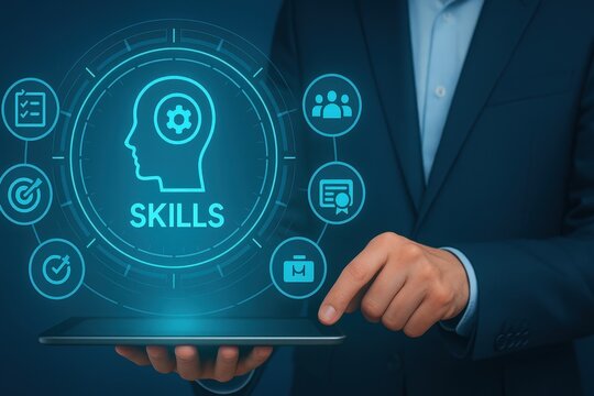 Businessman in a suit is using a digital tablet with a skills concept, highlighting training and development with icons, set against a blue background, signifying education and professional growth.