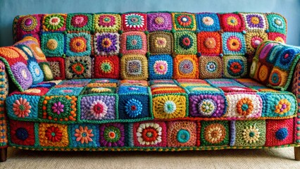 Fototapeta premium A vibrant, handcrafted crocheted sofa featuring a multicolored patchwork design of square granny squares, showcasing a spectrum of yarn colors and intricate floral motifs.
