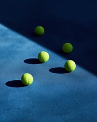 Tennis Balls on Blue Court Surface with Shadows, Perfect for Sports and Recreation Themes