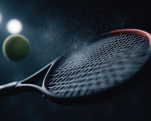 Action Shot of Tennis Racket and Ball in Motion with Blurry Background and Dust Particles in Focus