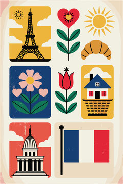 Charming Vintage French Icons in Retro Illustration Grid
