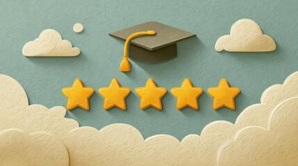 Graduation cap and five stars in textured sky with clouds, symbolizing achievement and success