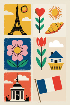 Charming Vintage French Icons in Retro Illustration Grid