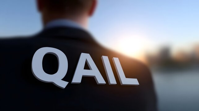 A businessman wearing a suit and standing in front of a backdrop with the word 'QAIL' displayed, representing a professional and forward-thinking business organization.