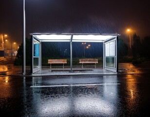 a solitary bus stop shelter stands illuminated by the glow of overhead lights offering a respite from the relentless rain that pours down on the deserted street