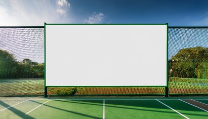 white blank billboard mockup on green chain link fence at tennis court with park background empty advertising poster frame for digital banner design marketing promotion display