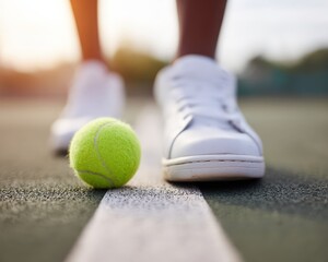 Close-Up of Tennis Shoe and Ball on Court with Sunlight in Background During a Game