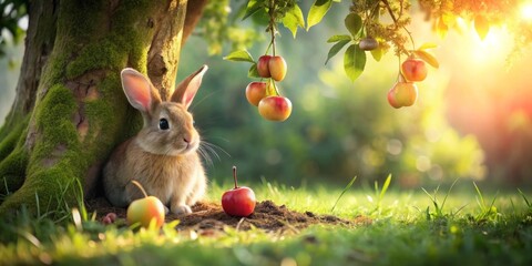 Adorable bunny rabbit sitting under a fruit tree in a sunlit garden with ripe apples and cherries scattered around