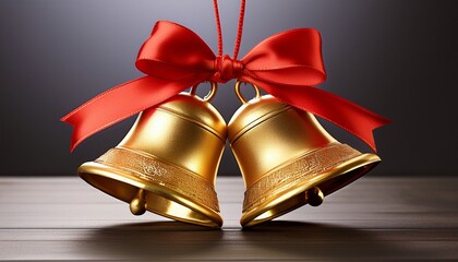 two gold bells tied together with a bright red bow