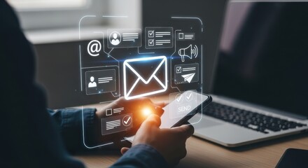 Digital marketer using email marketing tools on laptop and smartphone, sending newsletters and analyzing campaign performance to engage subscribers and grow business through personalized content