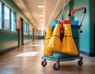 janitorial cart filled with mop bucket and cleaning supplies in a school hallway janitorial cart mop