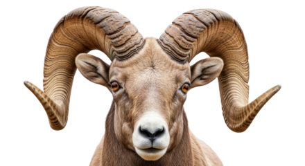 Isolated headshot of a majestic bighorn sheep looking forward with large curled horns
