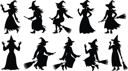 Halloween witch silhouette set, flying broomstick, spooky costume, magical character, enchanted design, gothic illustration, scary shadow, mystery, fantasy, sorcery, celebration